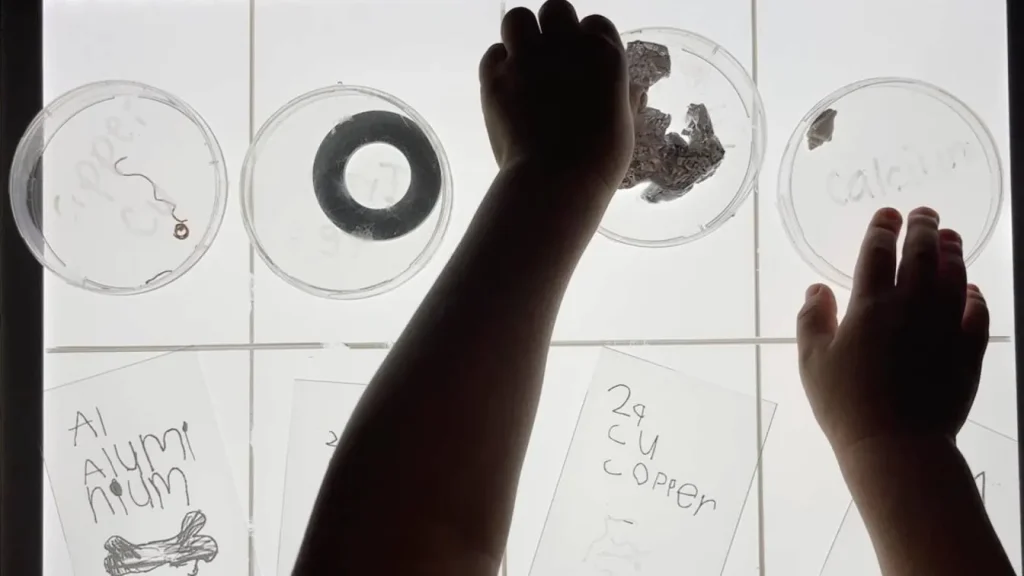 Child exploring loose materials in petri dishes on a light table